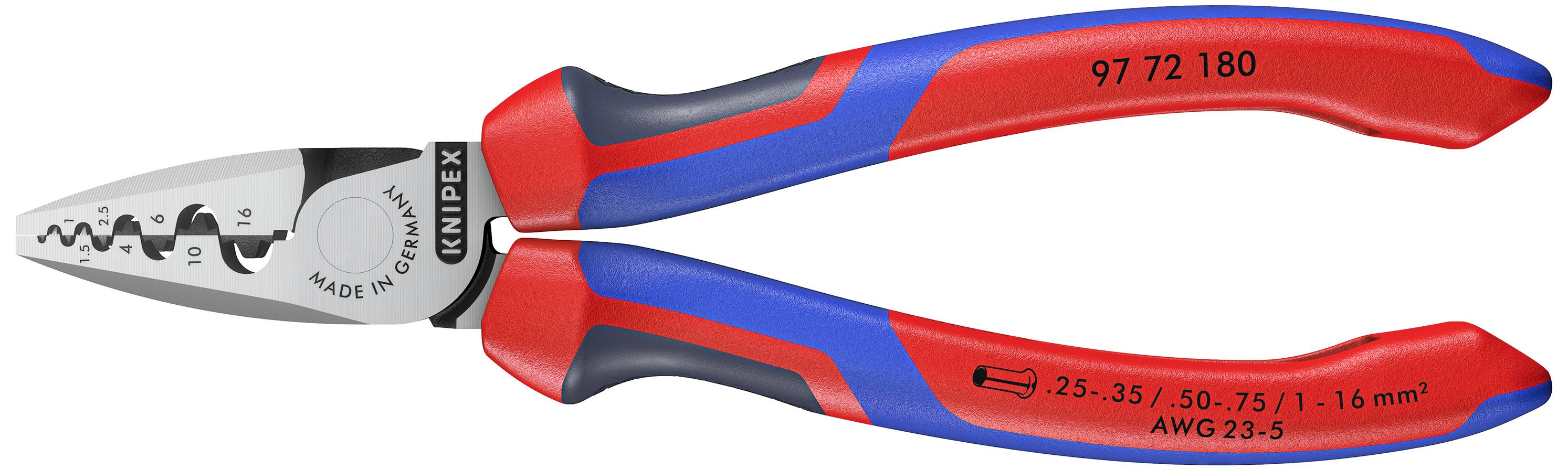Wire strippers with red and blue handle, suitable for cable stripping and wire cutting. Plier head made of silver metal.