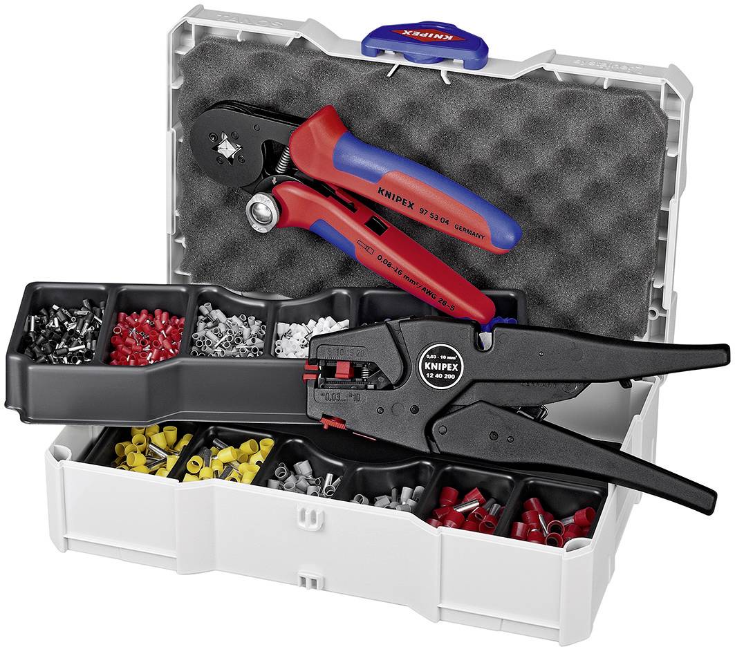 Tool case with crimping pliers and pressing pliers by Knipex, filled with coloured connectors, for electrical wiring.