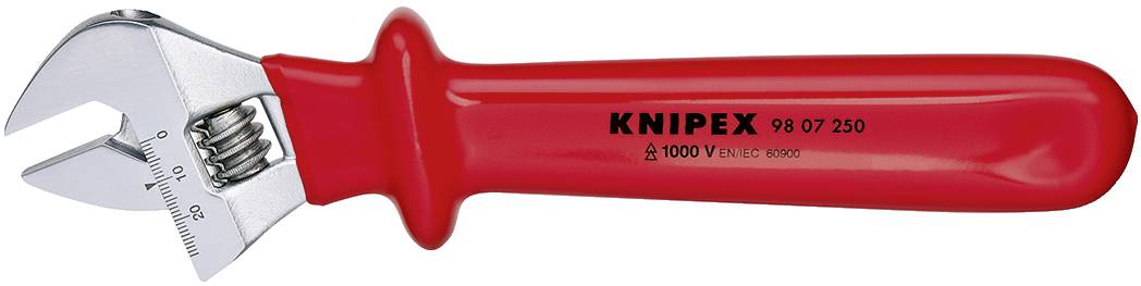 Red KNIPEX adjustable spanner, insulated up to 1000 V, with scale for precise adjustment.