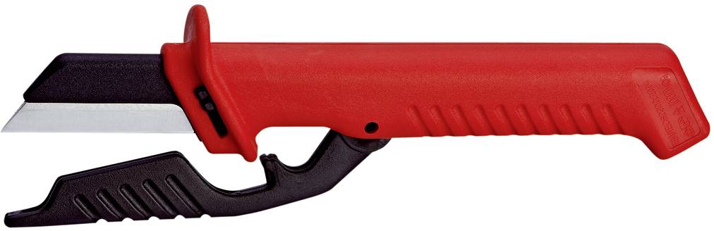 Red safety knife with retractable blade and black handle guard; suitable for safely cutting packaging.