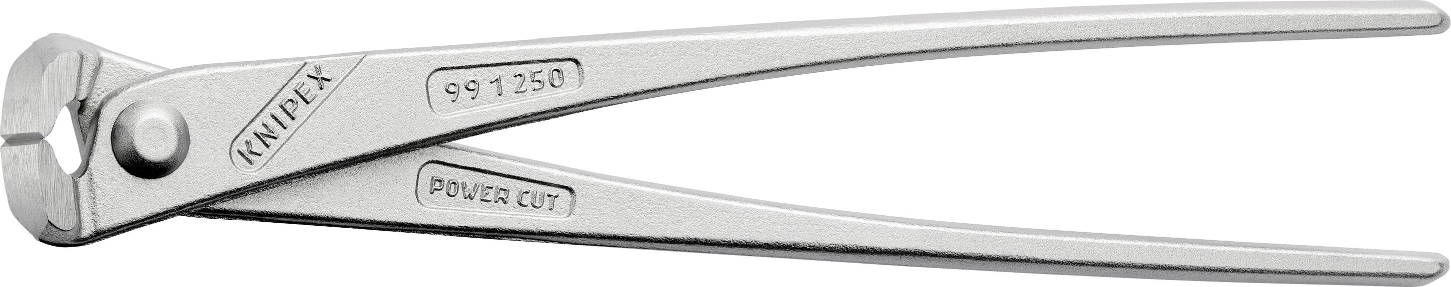 Silver wire cutters with 'KNIPEX' and 'POWER CUT' printed on them, side view. Suitable for cutting through robust wire.