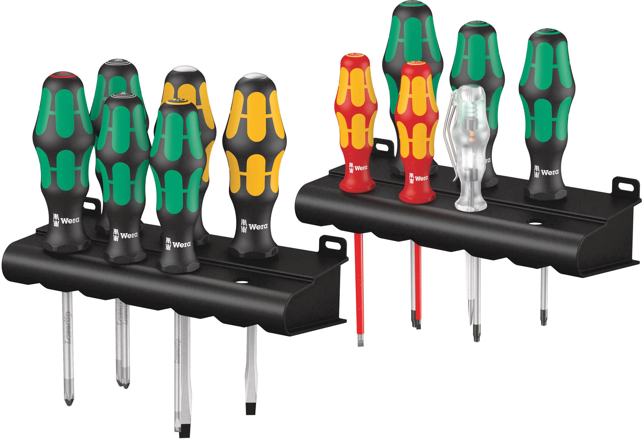 A set of screwdrivers in various colours and sizes, neatly arranged on two black holders.