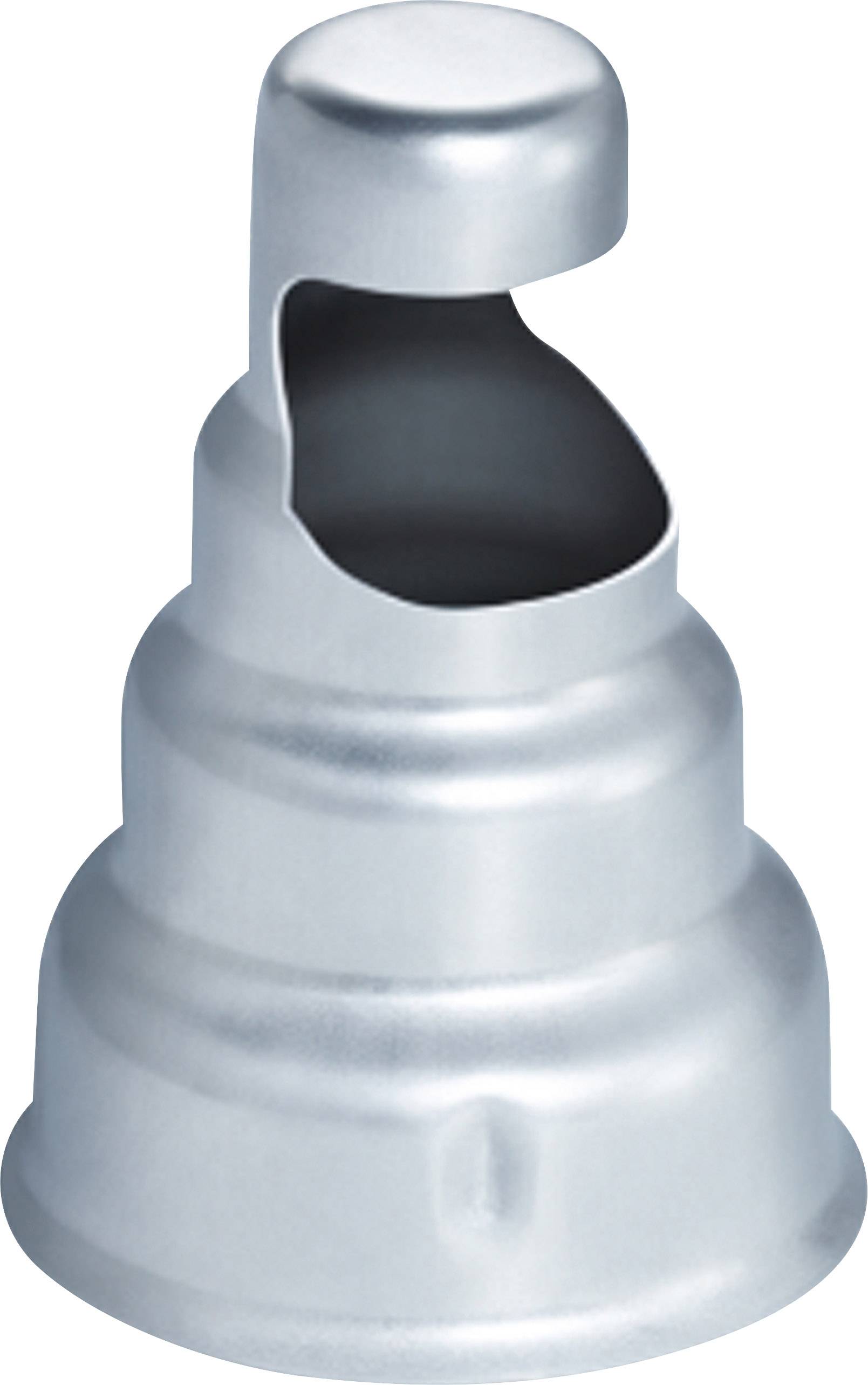 A metallic nozzle attachment for a technical device with a narrow, tapering opening for precise air direction.