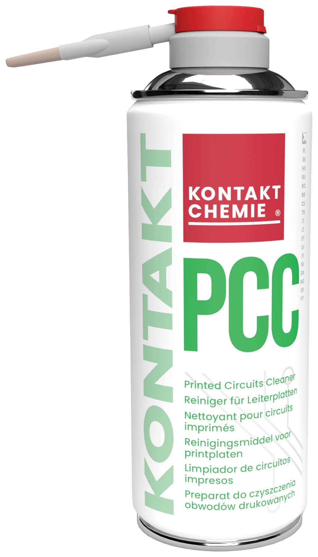 Spray can with the label 'CONTACT CHEMISTRY PCC', cleaner for circuit boards. Contains spray nozzle on top.