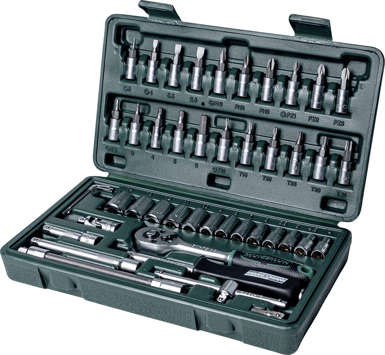 An open toolbox with various socket keys, bits and a ratchet for repair and assembly work.