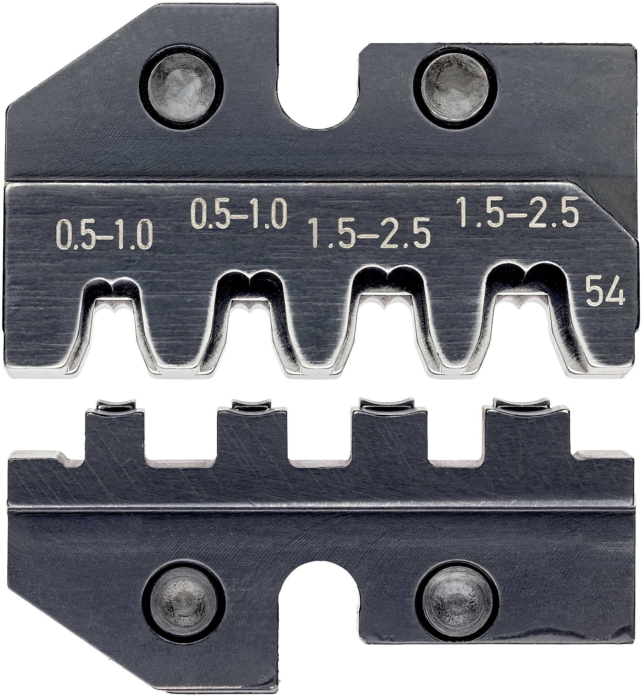 Metallic crimping tool with teeth indicating sizes of 0.5-1.0 mm and 1.5-2.5 mm. Includes mounting screws.