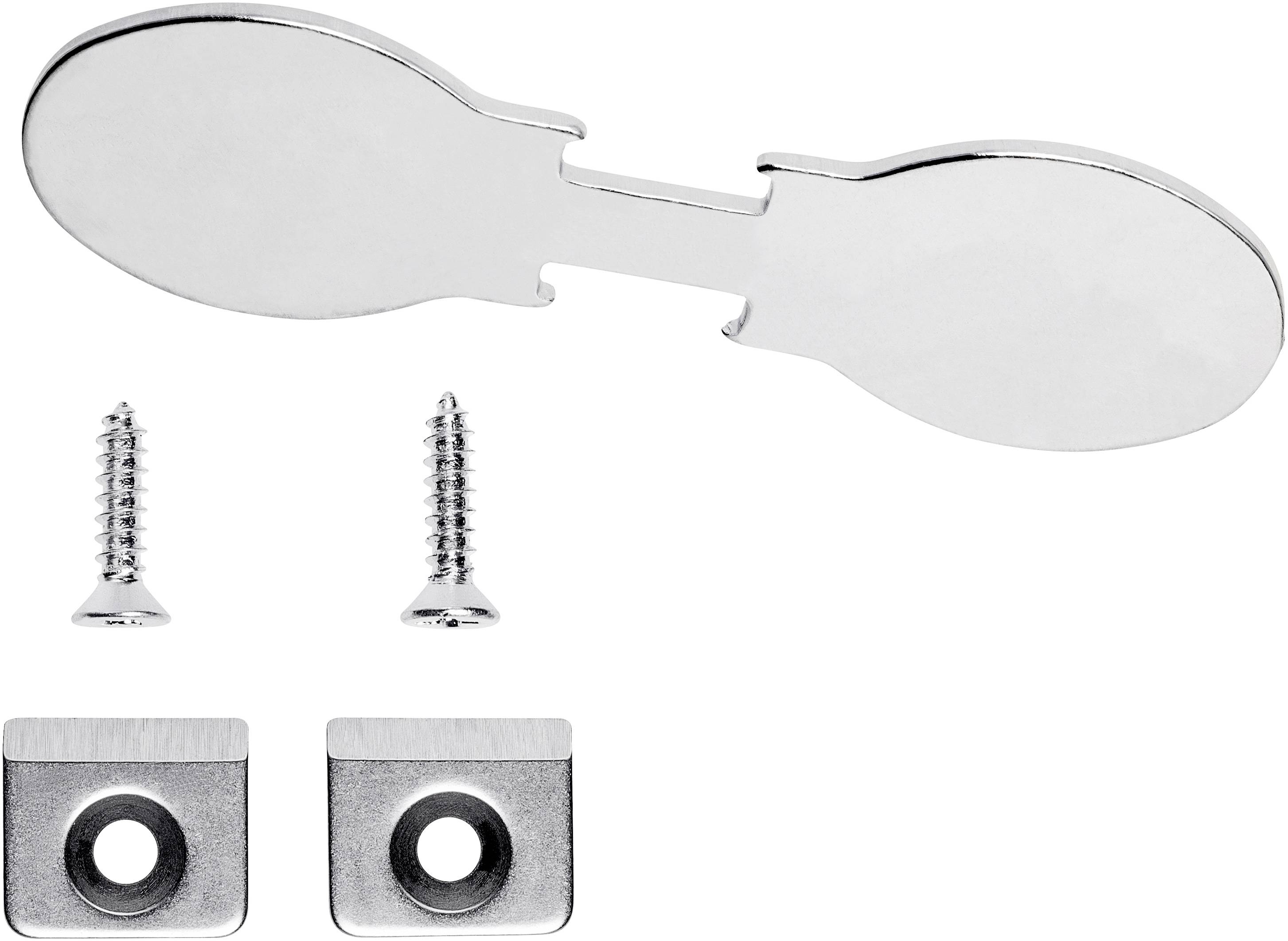 Metal connector set with two screws and mounting plates, for assembling furniture parts or similar structural components.
