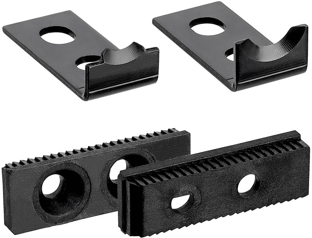 Black screw clamps with various openings and serrations for fastening and fixing in mechanical applications.