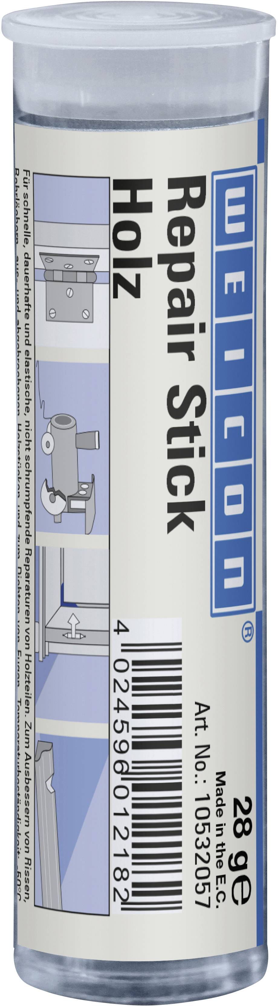 'Weicon Repair Stick Wood', a wood repair compound, 28g. The packaging features application illustrations and a barcode.