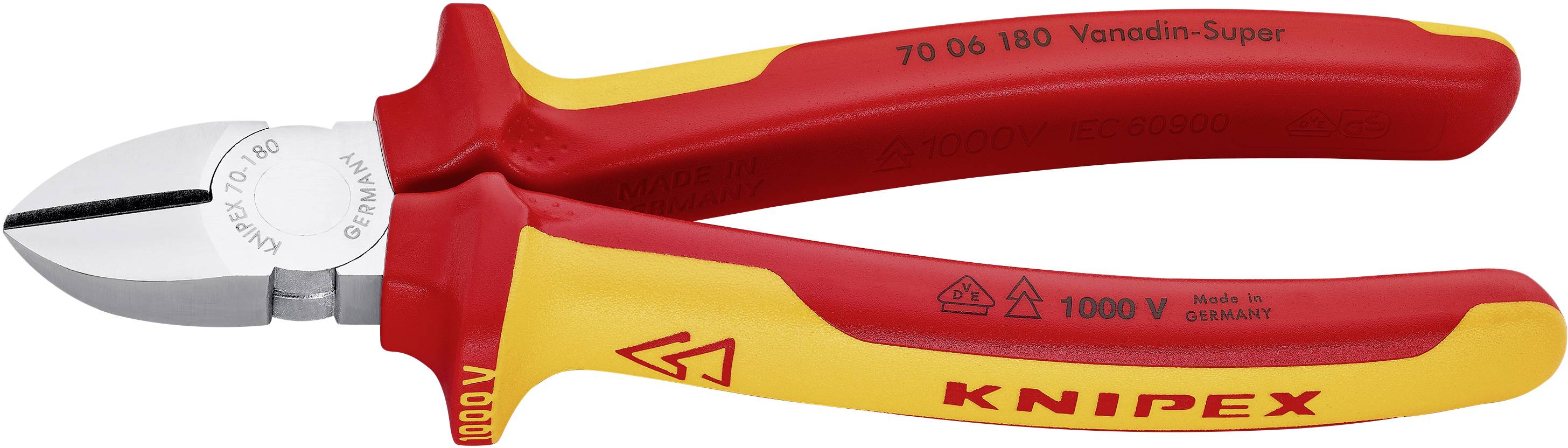 Side cutters by Knipex, with red and yellow handles, suitable for work up to 1000 volts.