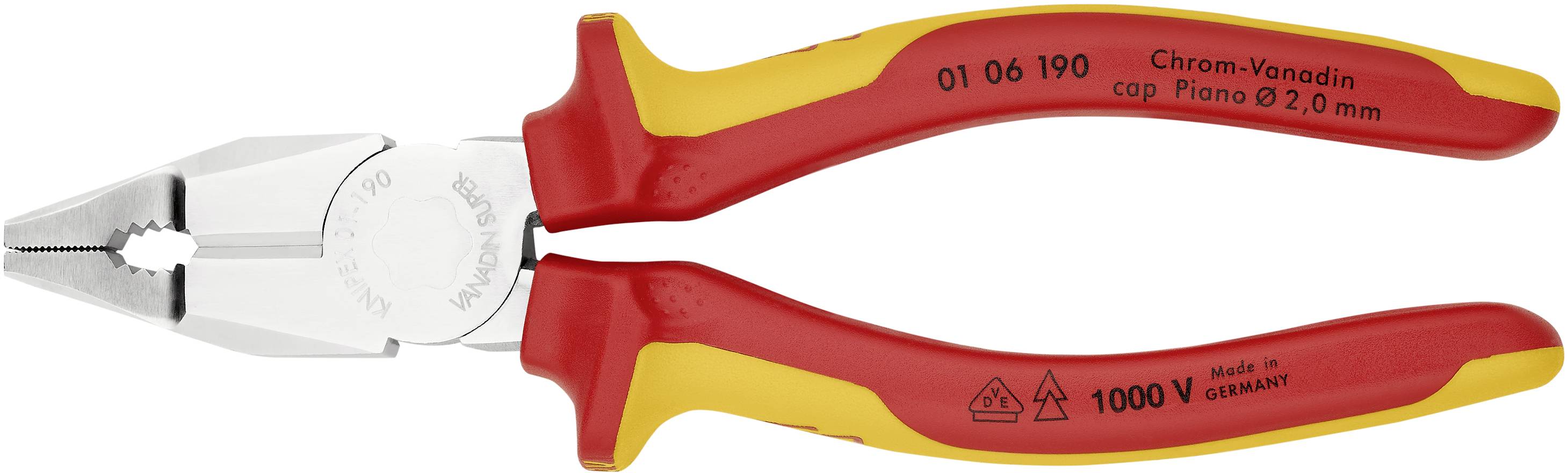 Pliers with red and yellow handles, suitable for work up to 1000V. Markings on the handles indicate technical details.
