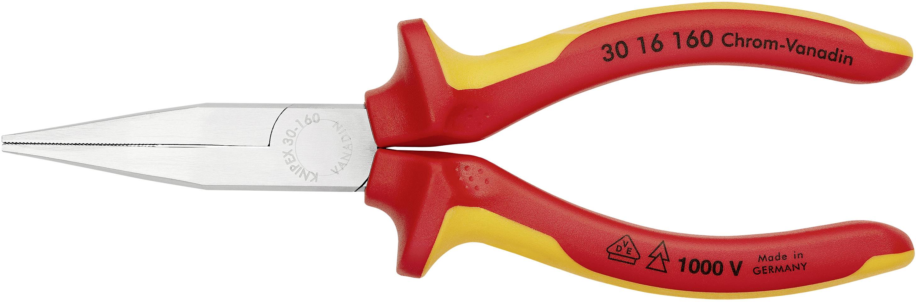 Red electrical pliers with yellow handle, suitable for work up to 1000 V, made of chrome-vanadium steel, 