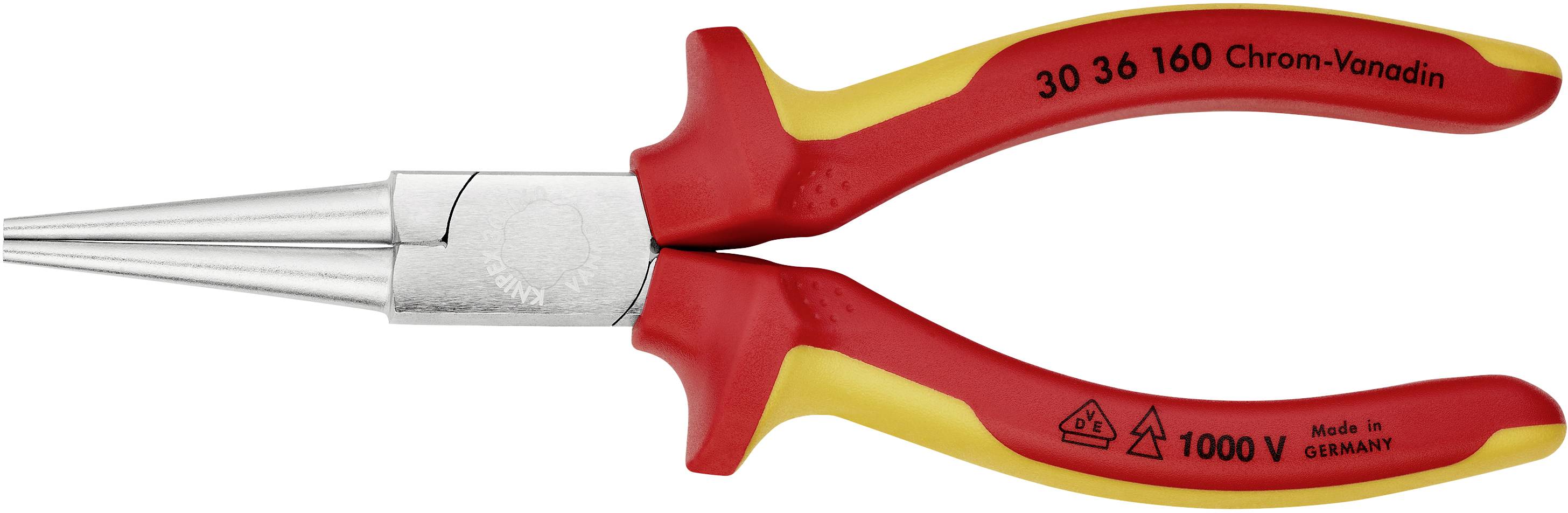 A red and yellow two-component pliers with chrome vanadium thread, insulated up to 1000 V. Made in Germany.