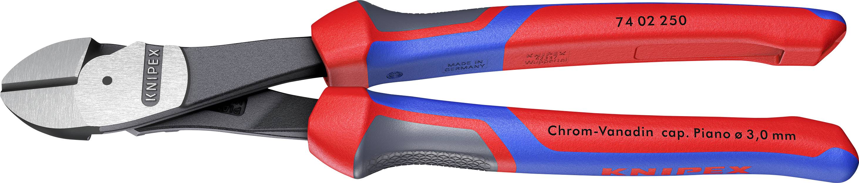 Red and blue-handled wire cutters labeled 'Chrom-Vanadin cap. Piano ⌀3.0 mm', designed for cutting robust wires.