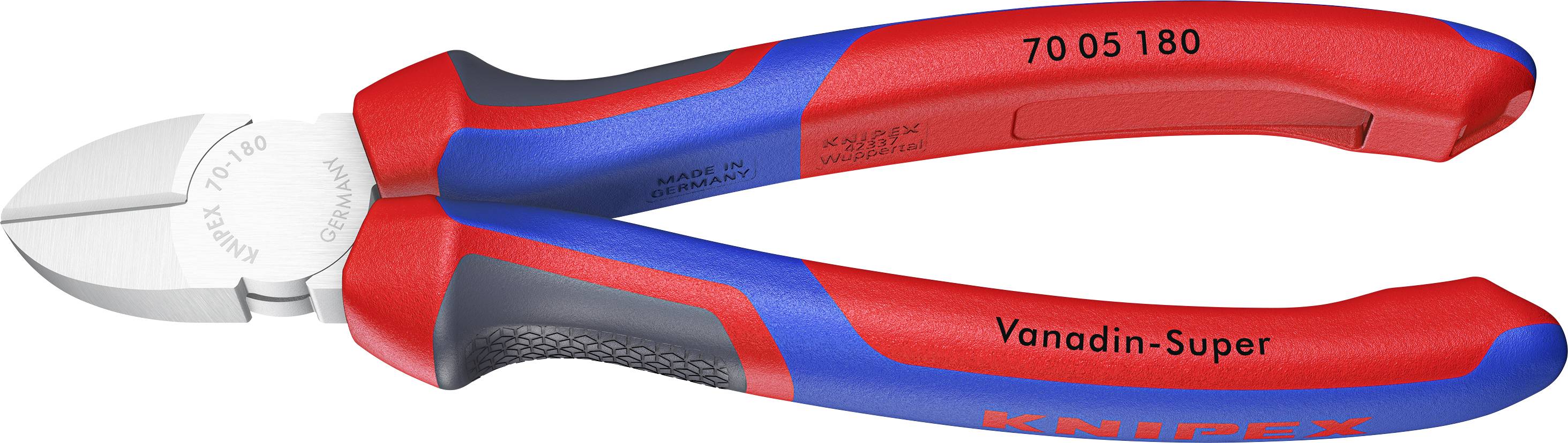 Side cutters with a red and blue handle, marked with 'Vanadin-Super' and a number.