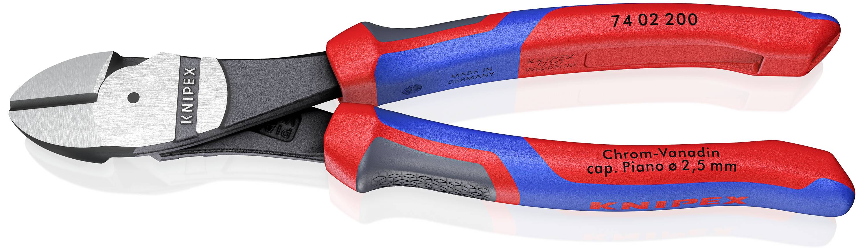 Knipex Side Cutters, red-blue, with chrome vanadium blades, suitable for piano wire up to 2.5 mm. Ergonomic design for precise cutting.