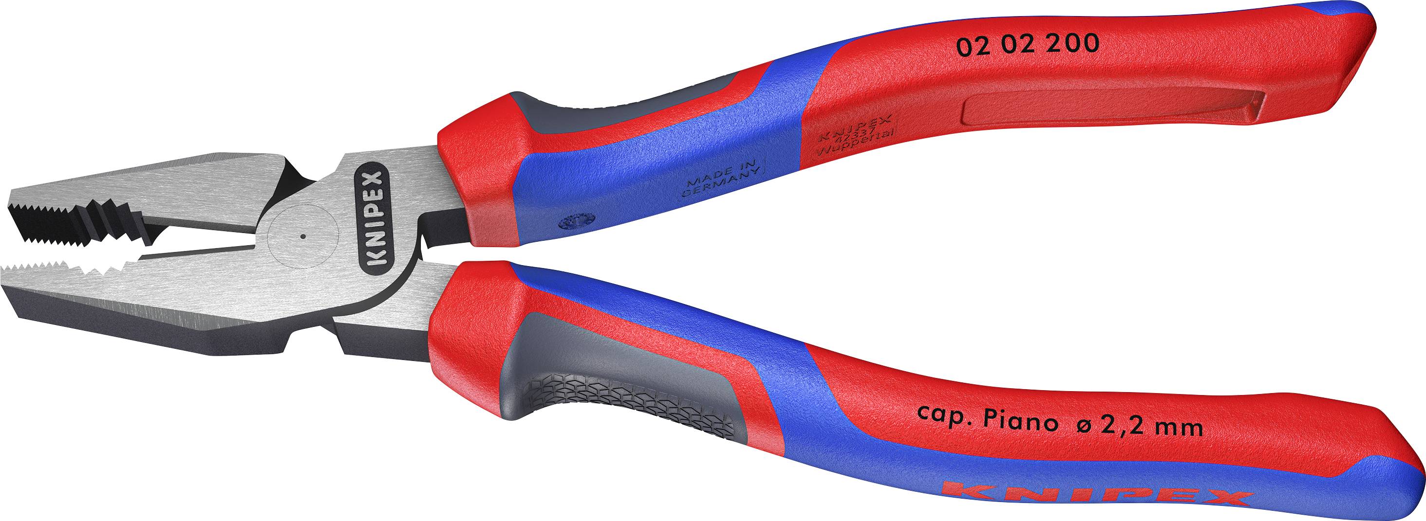 A combination pliers with a blue-red handle and the inscription 'cap. Piano ø 2.2 mm'. Suitable for various gripping and cutting tasks.