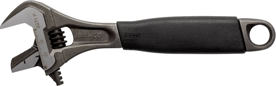 Adjustable spanner with black handle, opened to a wide setting.