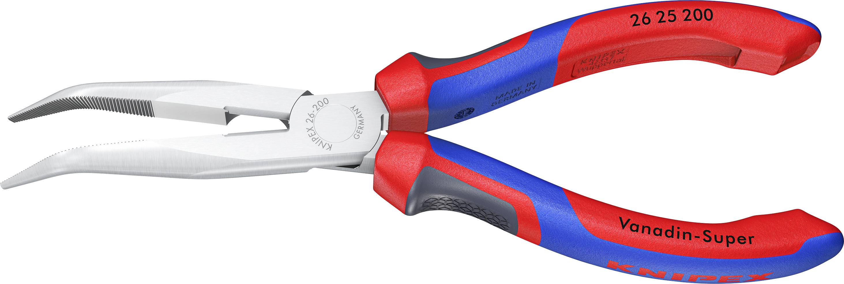 Red and blue pointed pliers with angled gripping surfaces and a knurled handle, suitable for precise gripping and cutting work.