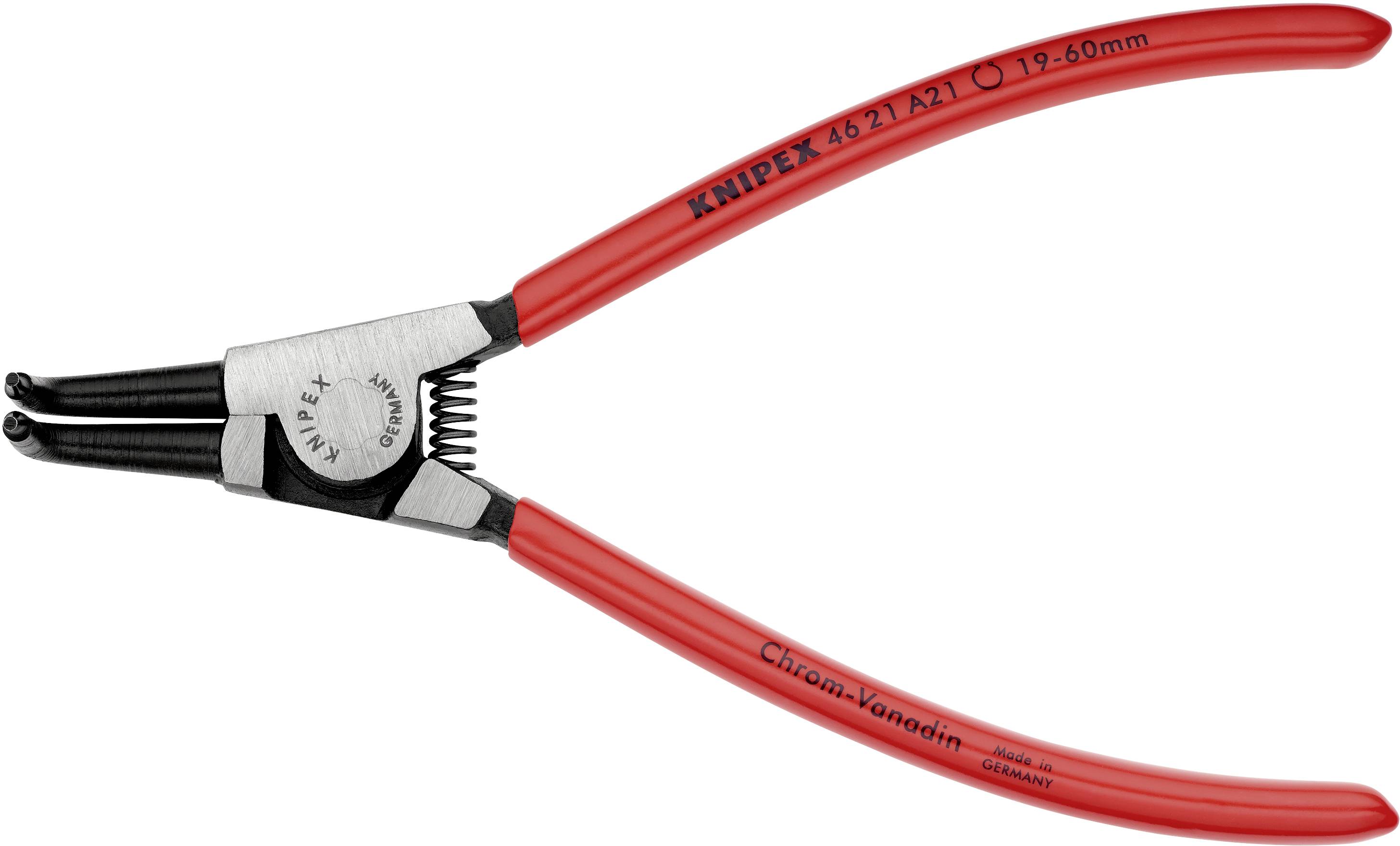 Red Knipex circlip pliers with curved tips. Suitable for circlips with 19-60 mm diameter. Manufactured in Germany.