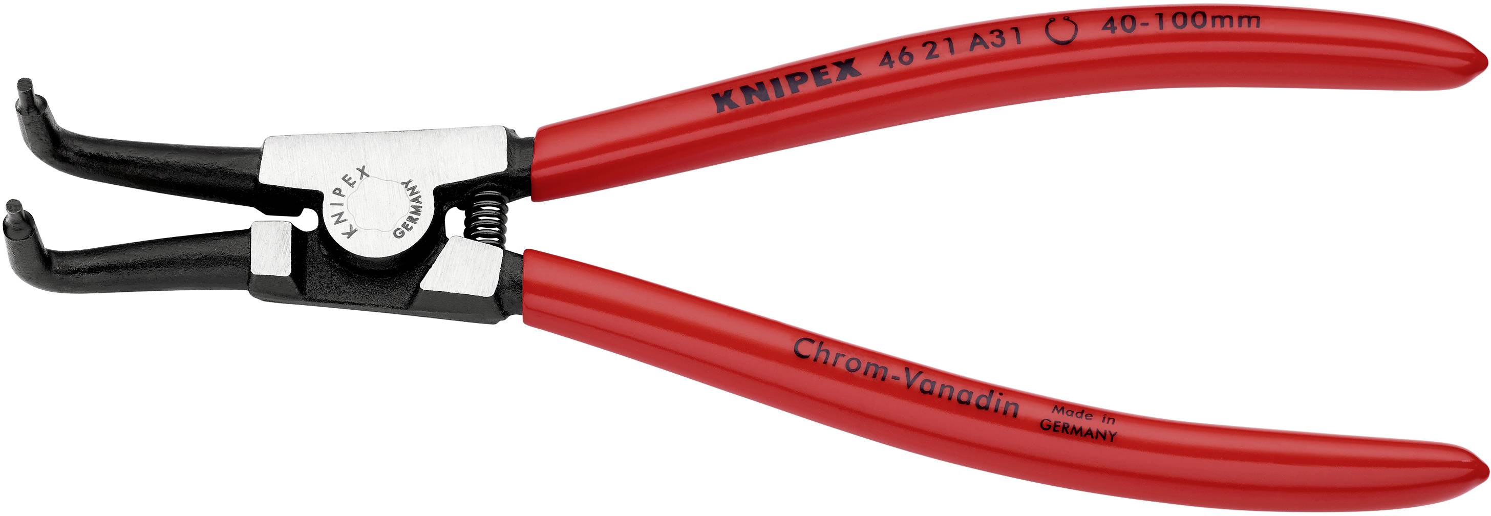 Red KNIPEX Circlip Pliers with curved tips, steel handle and size indication 40-100 mm, suitable for external retaining rings.