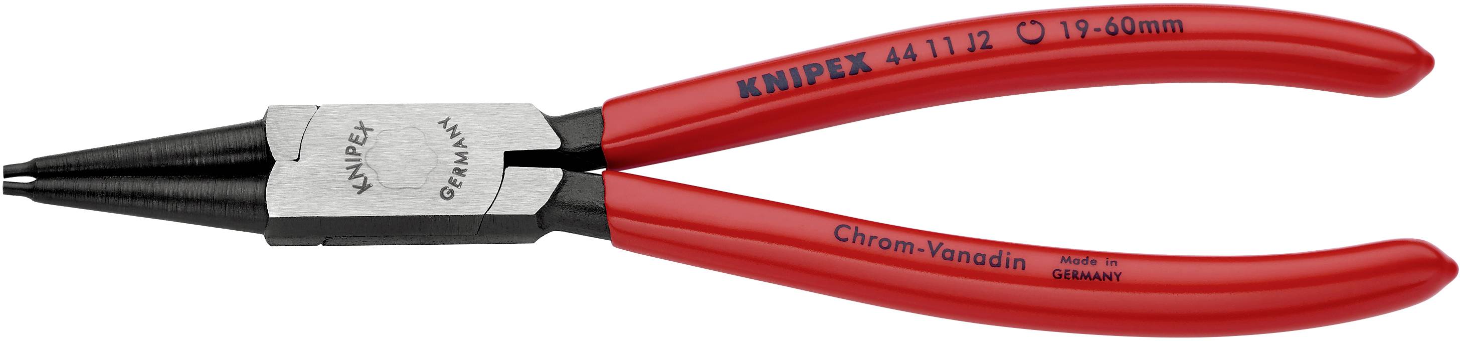 A red snap ring pliers with a black tip, bearing the label 'KNIPEX 4411/2 19-60mm'. Suitable for internal circlips.