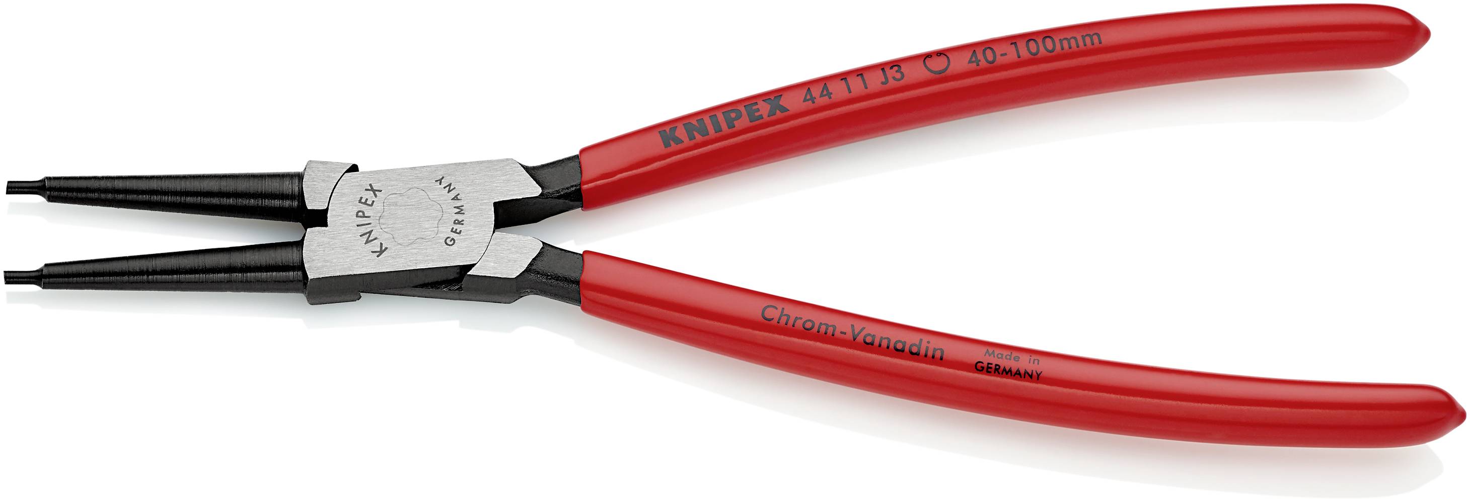 Red Knipex pliers with chrome vanadium steel. Model number 4111P3, suitable for 40 to 100 mm. Tool for precision work.