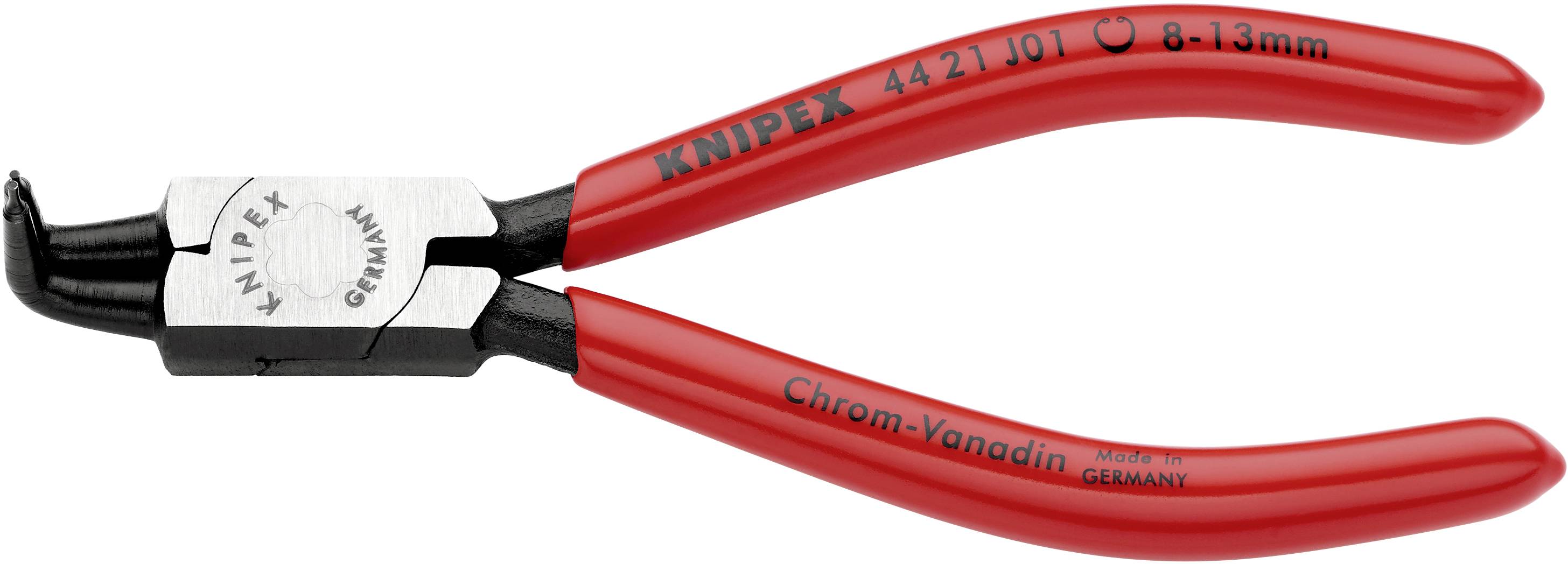 A red circlip pliers with curved tips, brand KNIPEX, model number 4421 J01, suitable for 8-13 mm rings, manufactured in Germany.