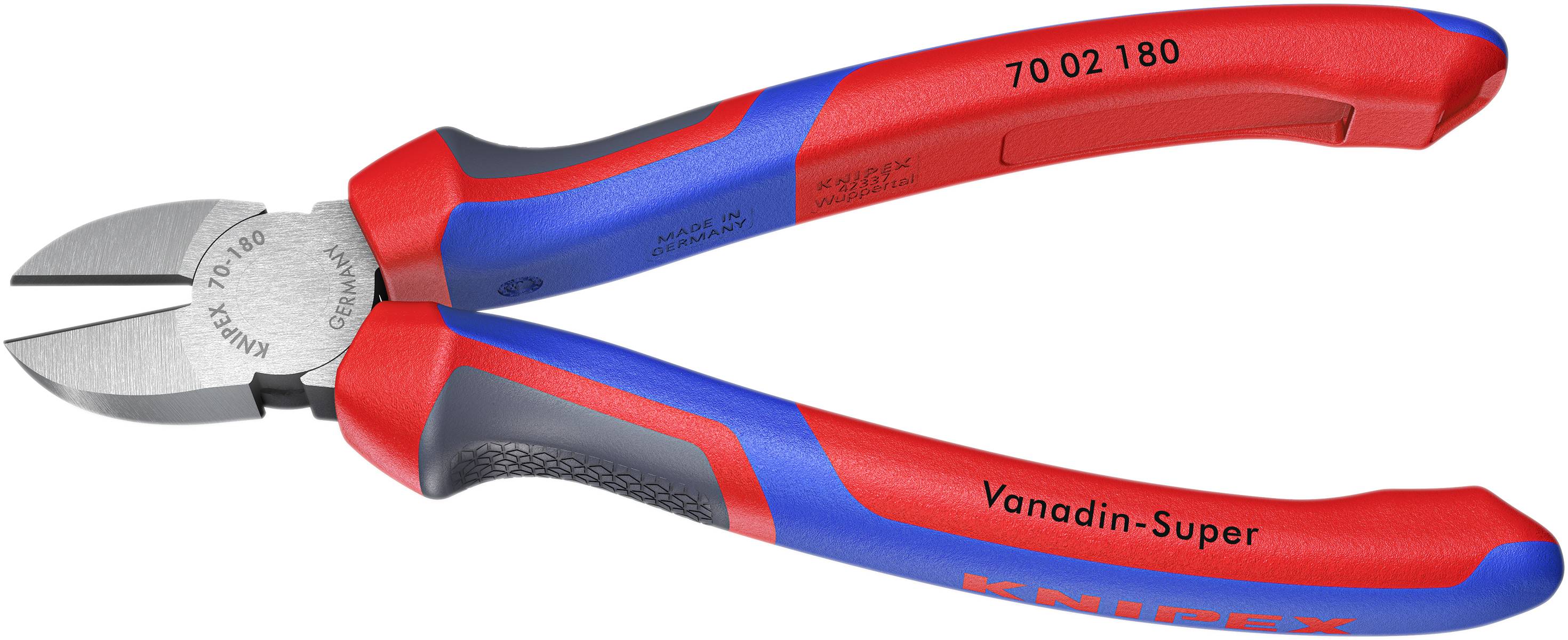A red and blue Knipex diagonal cutting pliers with 'Vanadin-Super' printed on the handle.