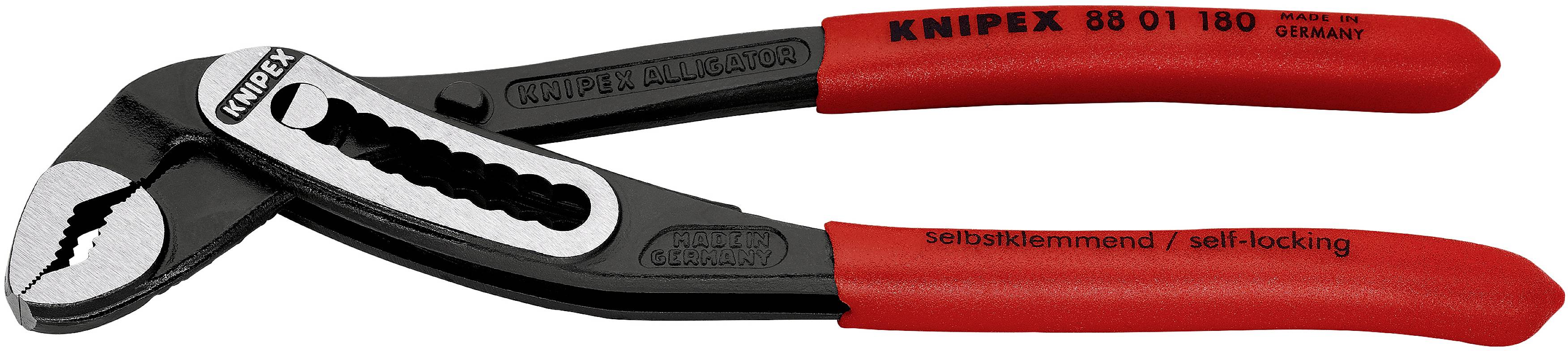 Red KNIPEX pliers with adjustable jaws, self-locking, 180 mm. Suitable for various gripping and cutting tasks.