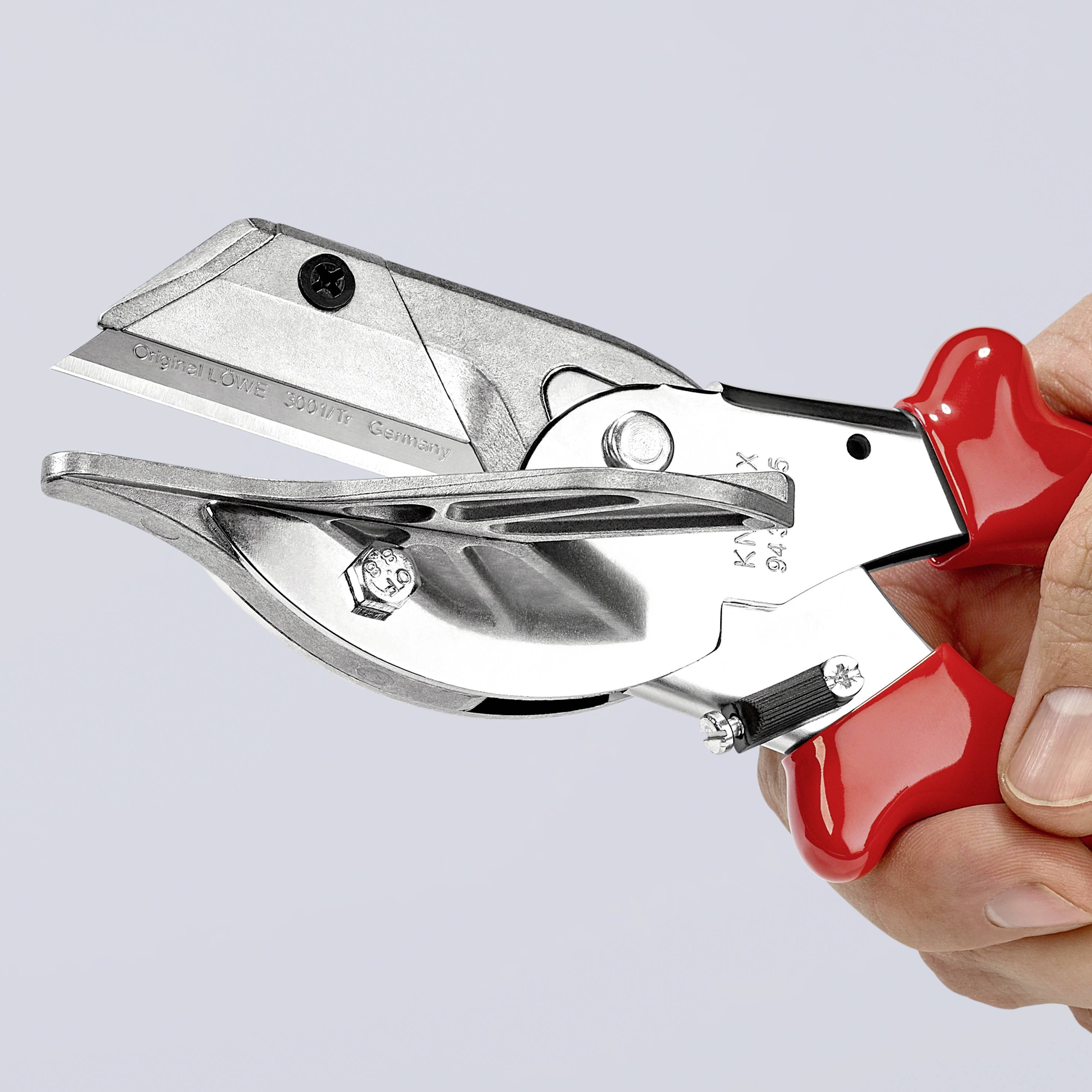 A sharp universal scissors with a red handle and adjustable blade, ideal for precise cuts across various materials.