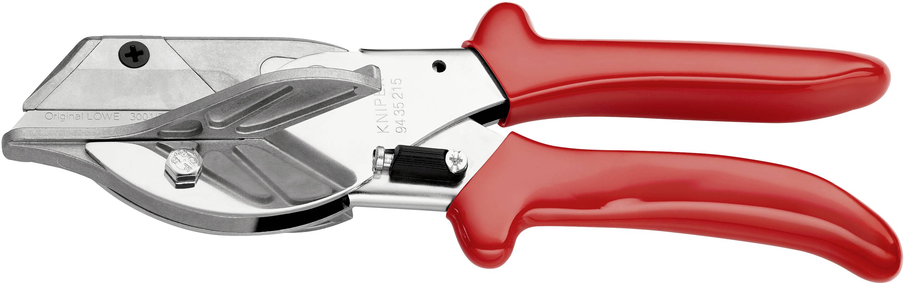 Red plastic-handled scissors with a sharp blade, suitable for precise cutting of materials such as plastics and rubber.