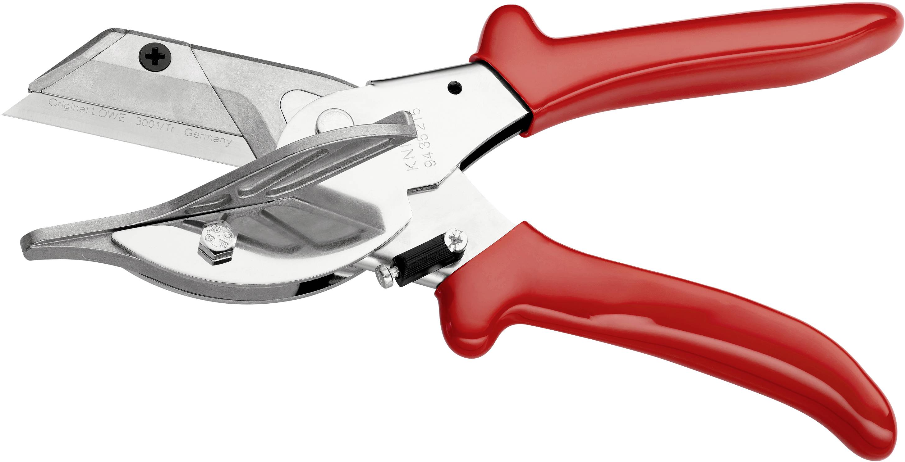 Red scissors with a silver blade on a white background, suitable for cutting materials such as plastic or thin metal.