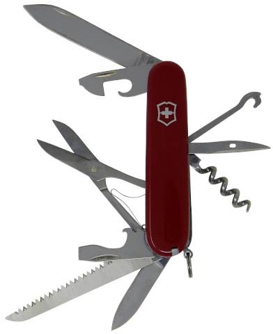 A red penknife with various unfolded tools, including a blade, scissors, saw, corkscrew and tin opener.