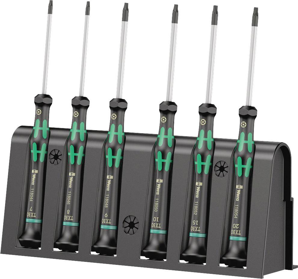 Six-piece screwdriver set in a black holder. Each screwdriver has a black and green handle and slender, silver tips.