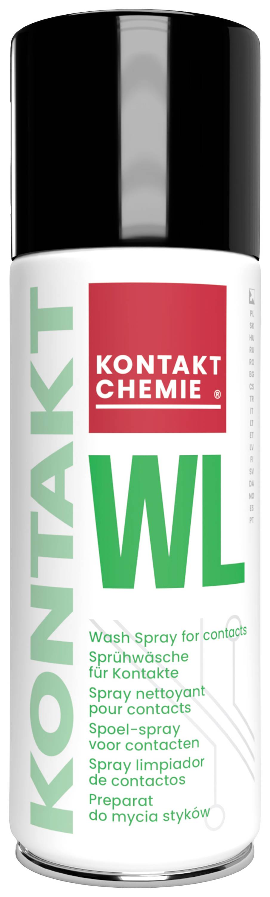 A spray can from the brand 'Kontakt Chemie' with the label 'WL Wash Spray for contacts', used for cleaning electrical contacts.