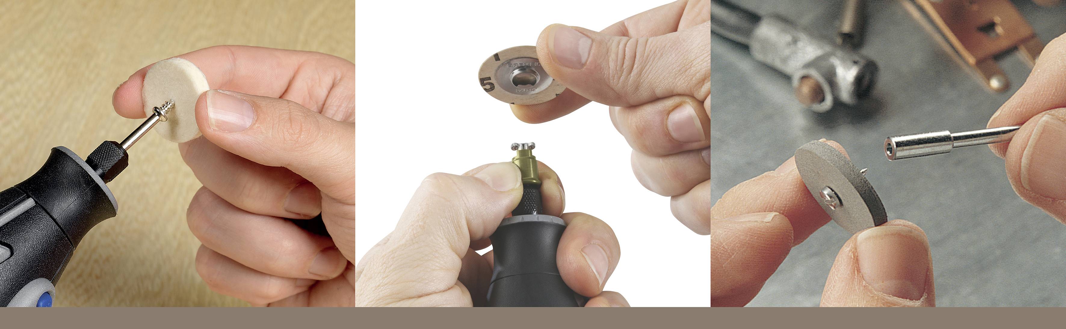 Three close-up shots show hands assembling different tools: a drill, a cutting wheel, and a cutting disc.