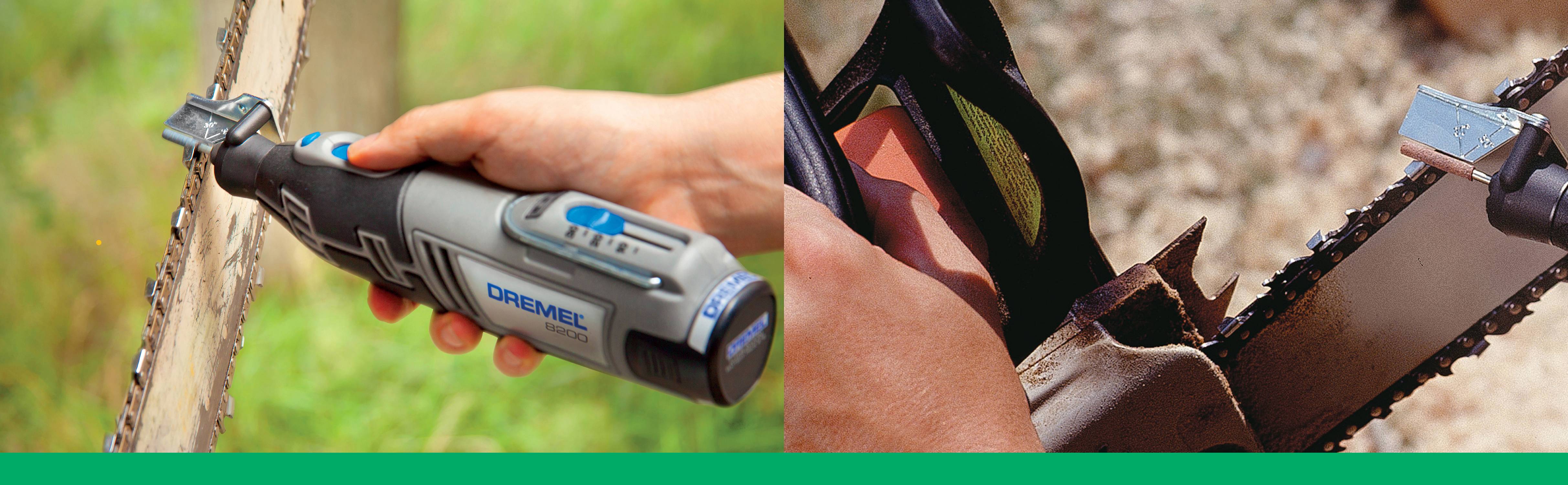 A person is using an electric tool to sharpen a chainsaw chain. A close-up shows the process, with details of the handling.