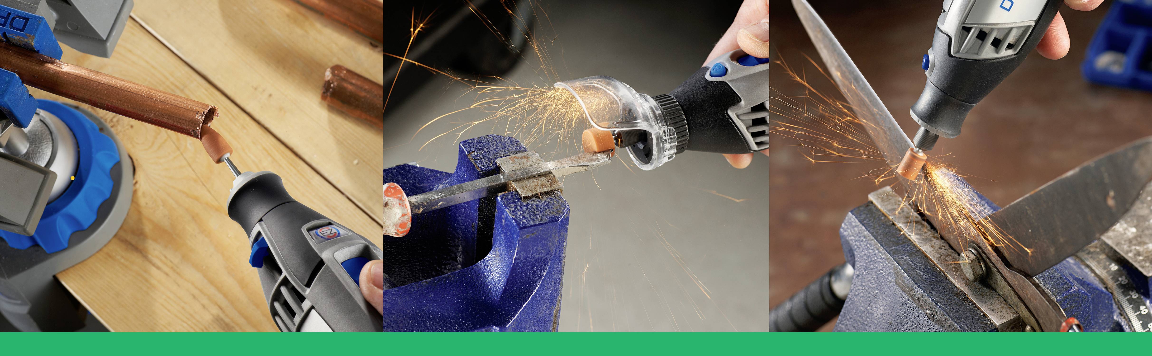 Three images show different applications of a multi-purpose tool: cutting metal, grinding a rod, and sharpening a knife.