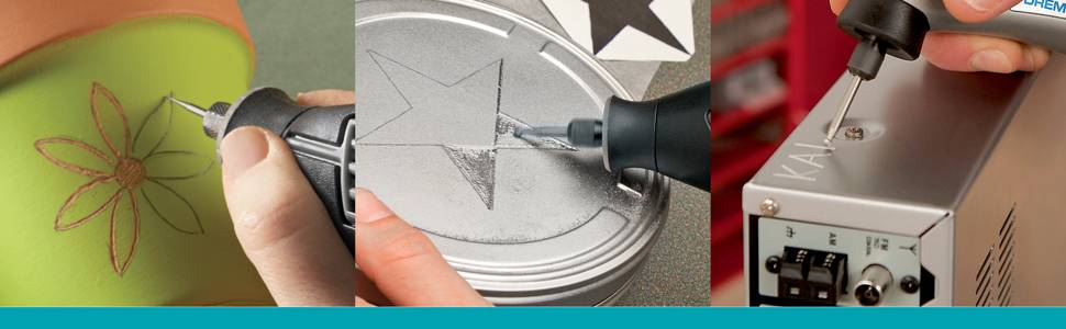 Three close-up shots of engraving tools creating patterns and letters etched into different materials: flower, star, and text.