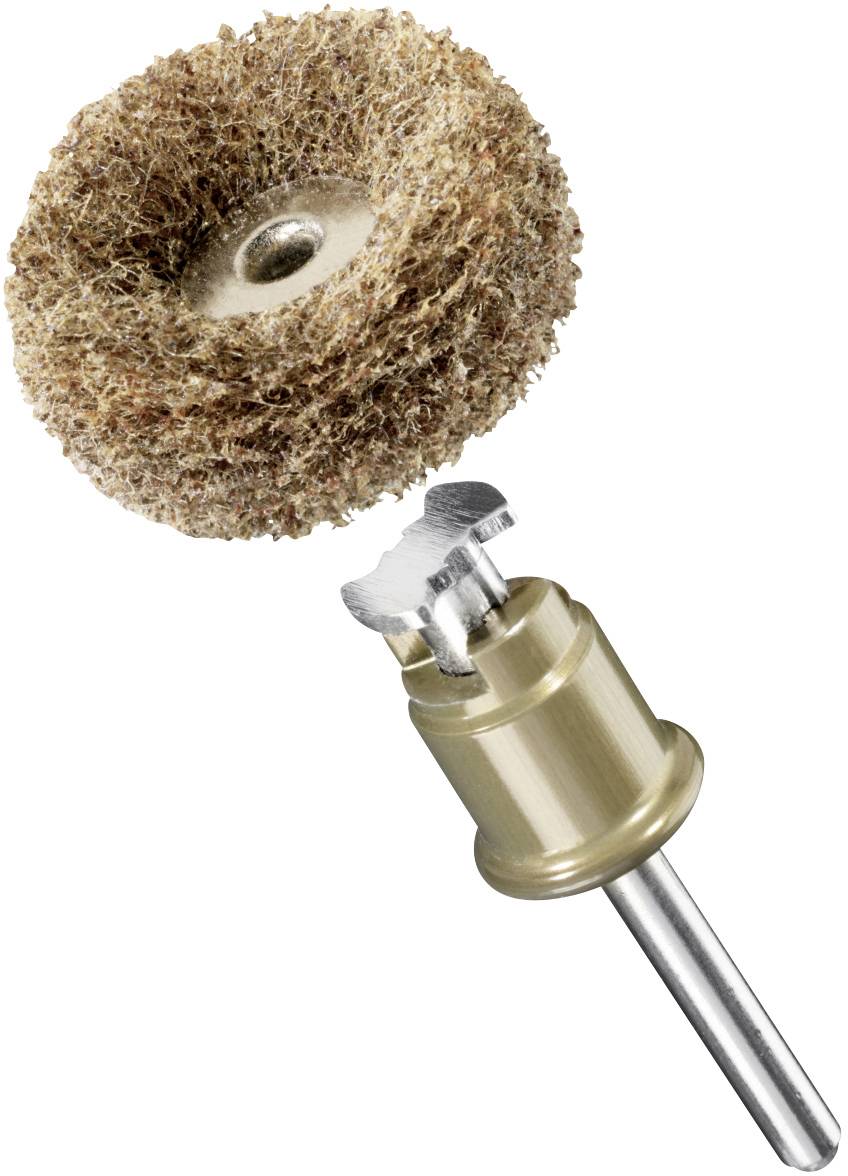Wire brush attachment with metal mounting and handle, used for cleaning or grinding work.