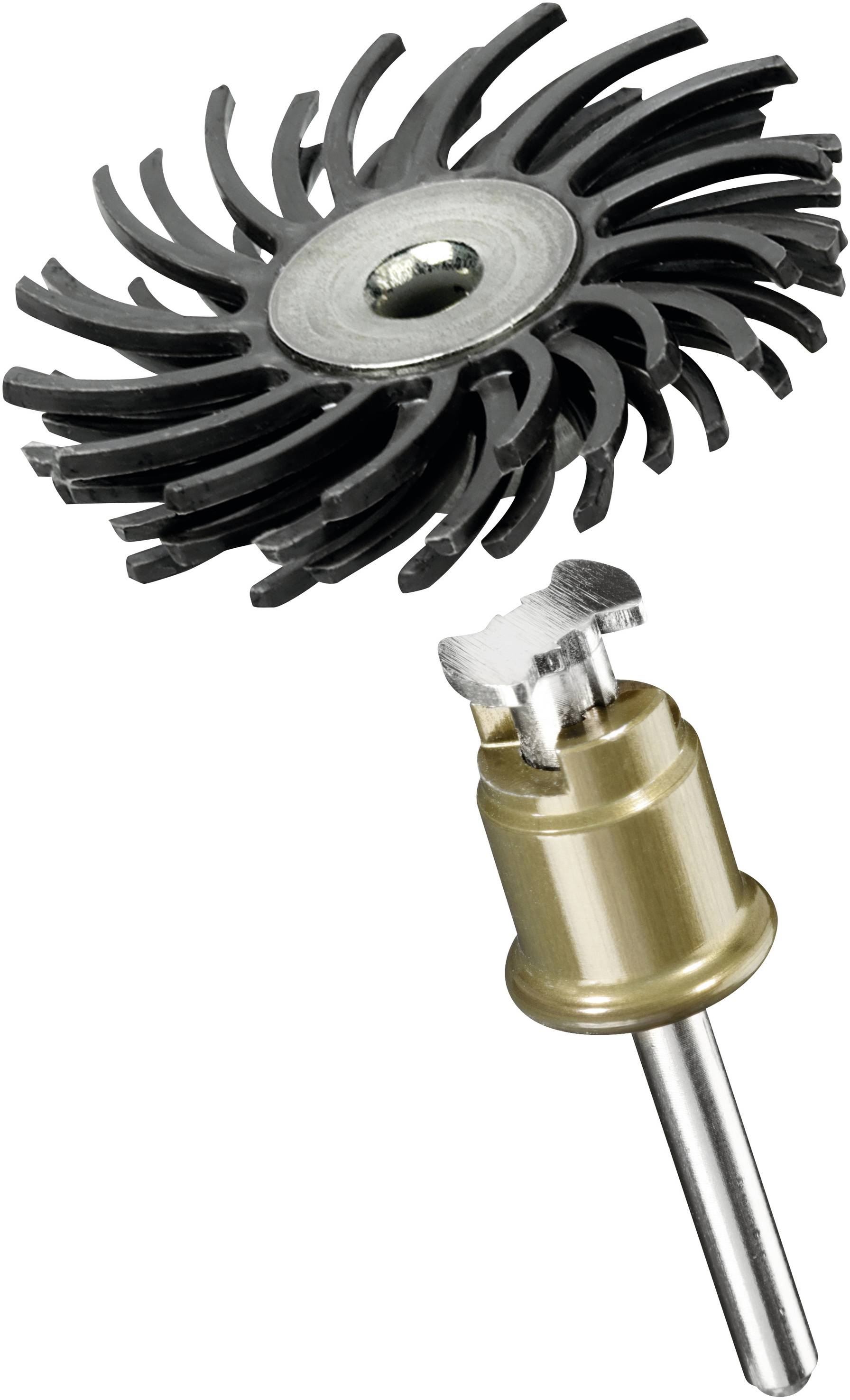 A rotating grinding attachment with black bristles and a metal rod, suitable for drills or tools for surface treatment.