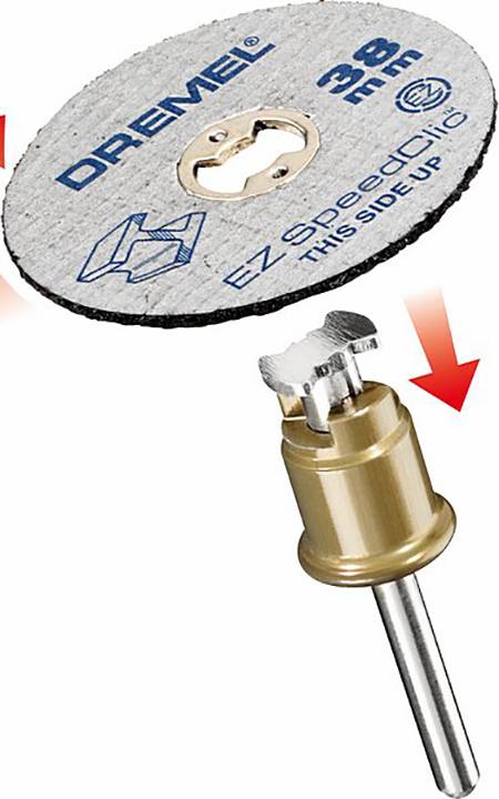 The figure shows a Dremel cutting disc with EZ SpeedClic system and 38 mm diameter. The disc is mounted on an adapter.