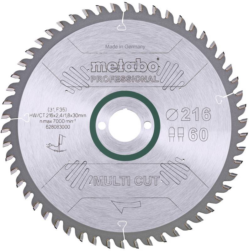 Saw blade with labelling: Metabo Professional, Diameter 216 mm, 60 teeth, max. rotational speed 7,000 rpm. Multi Cut, Made in Germany.