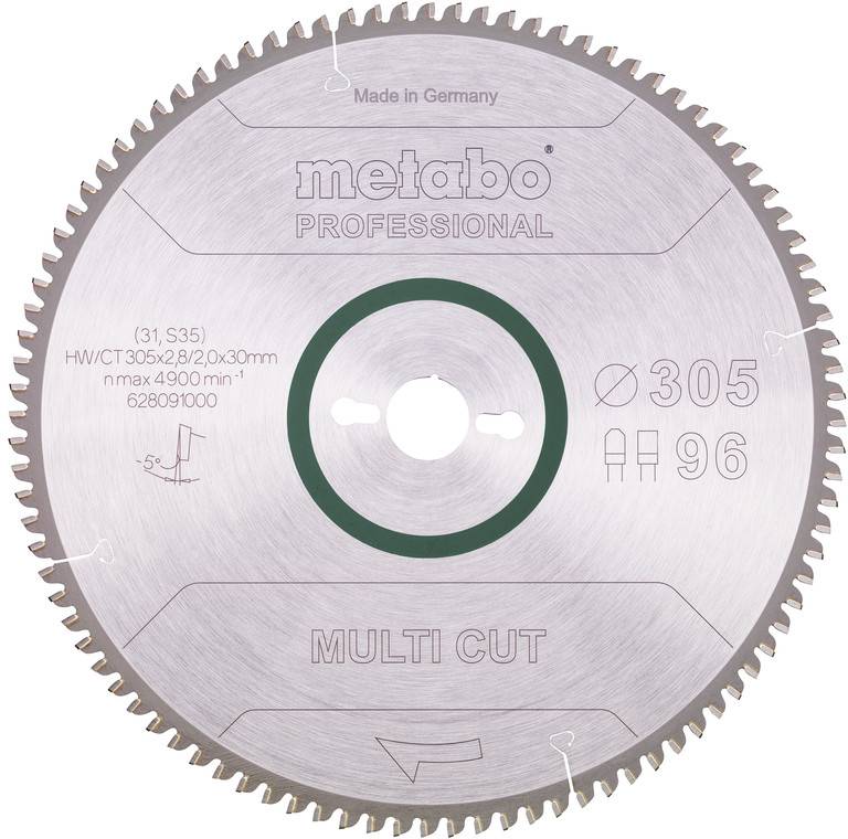 Circular saw blade with the inscription 'metabo Professional', diameter 305 mm, 96 teeth, marked 'Multi Cut'. Manufactured in Germany.