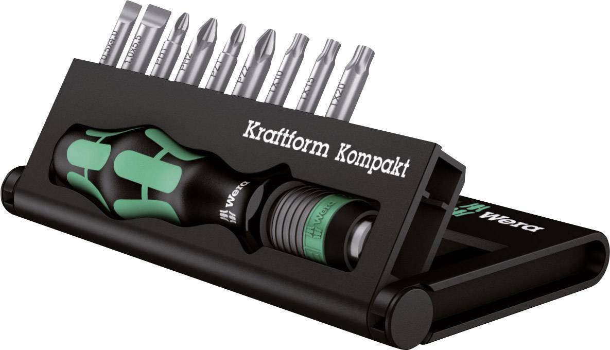 Screwdriver set with an ergonomic handle and multiple interchangeable bits, presented in a compact black case.