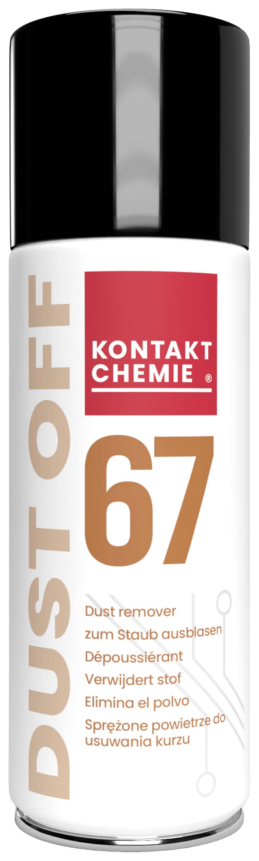 A white aerosol container with a red label displays the inscription 'DUST OFF 67' and describes a product for removing dust.