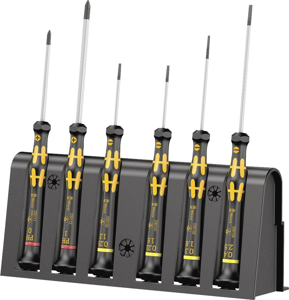 Six screwdrivers with different tip types and sizes stand in a black holder, suitable for precision work.