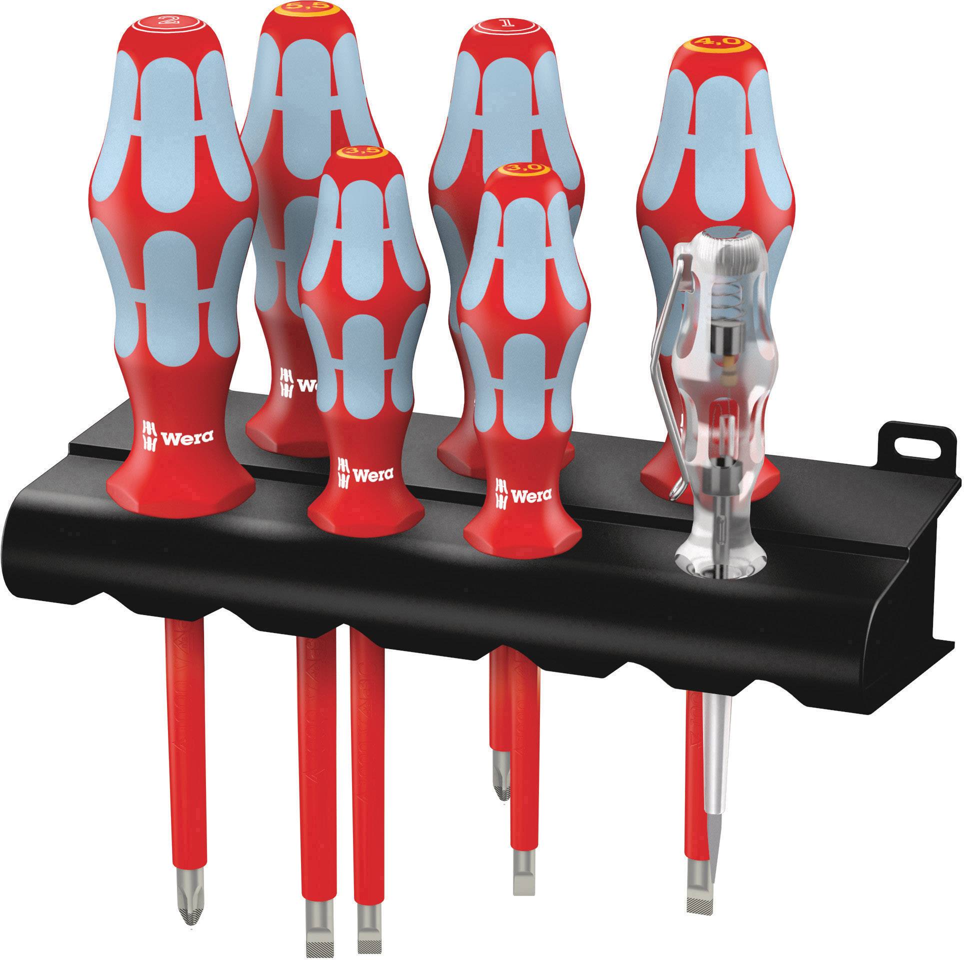 A set of six red and blue screwdrivers and one transparent screwdriver, arranged on a black holder.