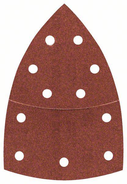 Brown sandpaper in iron-shaped design with ten holes for dust extraction.